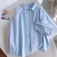 Plus Size Women's Clothing Summer Blue Pure Cotton Shirt Women's Slimming All-match Stacked Base Inner Shirt Long-sleeved Top main image 2