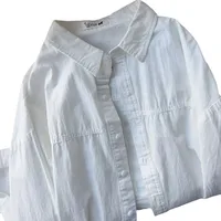 Plus Size Women's Clothing Summer Blue Pure Cotton Shirt Women's Slimming All-match Stacked Base Inner Shirt Long-sleeved Top main image 5