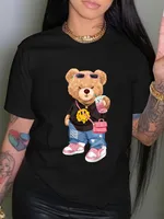 Foreign Trade In Stock Summer Printing Fashion Cool Bear Printing T-shirt Short Sleeve Round Neck Casual Top Summer Women's Clothing sku image 1