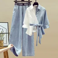 Foreign Trade Women's Clothing Spring Suit Women's Stitching Fake Two-piece Shirt Slimming Jeans Two-piece Set sku image 18