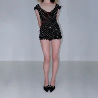 Hot Women's New Wave Dot Deep V Short Sleeve V Collar Short Top Shorts Suit sku image 3