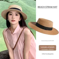 Flat Top Straw Hat Women's French Straw Top Hat  New Summer Big Brim Sunshade Hat Seaside Holiday Sun Hat main image 1