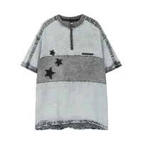 Jiayiku Men's Clothing Vintage American Street Fashion Brand T-shirt Color Matching Denim Washed Distressed Zipper Collar Short Sleeve T-shirt main image 1