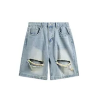 INF Men's Clothing | Shredded Ripped Denim Shorts  Spring And Summer New Fashion Brand Street Loose Distressed Personality Shorts sku image 4