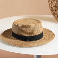 Flat Top Straw Hat Women's French Straw Top Hat  New Summer Big Brim Sunshade Hat Seaside Holiday Sun Hat main image 2