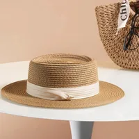 Flat Top Straw Hat Women's French Straw Top Hat  New Summer Big Brim Sunshade Hat Seaside Holiday Sun Hat sku image 1