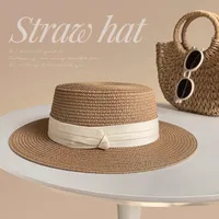 Flat Top Straw Hat Women's French Straw Top Hat  New Summer Big Brim Sunshade Hat Seaside Holiday Sun Hat sku image 7