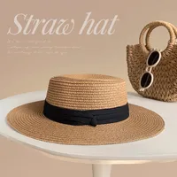 Flat Top Straw Hat Women's French Straw Top Hat  New Summer Big Brim Sunshade Hat Seaside Holiday Sun Hat sku image 8