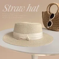 Flat Top Straw Hat Women's French Straw Top Hat  New Summer Big Brim Sunshade Hat Seaside Holiday Sun Hat sku image 9