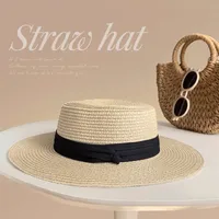 Flat Top Straw Hat Women's French Straw Top Hat  New Summer Big Brim Sunshade Hat Seaside Holiday Sun Hat sku image 10