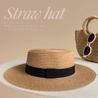 Flat Top Straw Hat Women's French Straw Top Hat  New Summer Big Brim Sunshade Hat Seaside Holiday Sun Hat sku image 11