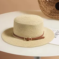 Flat Top Straw Hat Women's French Straw Top Hat  New Summer Big Brim Sunshade Hat Seaside Holiday Sun Hat sku image 13