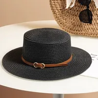 Flat Top Straw Hat Women's French Straw Top Hat  New Summer Big Brim Sunshade Hat Seaside Holiday Sun Hat sku image 15