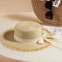 Flat Top Straw Hat Women's French Straw Top Hat  New Summer Big Brim Sunshade Hat Seaside Holiday Sun Hat sku image 16