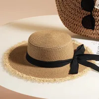 Flat Top Straw Hat Women's French Straw Top Hat  New Summer Big Brim Sunshade Hat Seaside Holiday Sun Hat sku image 17
