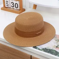 Flat Top Straw Hat Women's French Straw Top Hat  New Summer Big Brim Sunshade Hat Seaside Holiday Sun Hat sku image 18