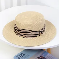 Flat Top Straw Hat Women's French Straw Top Hat  New Summer Big Brim Sunshade Hat Seaside Holiday Sun Hat sku image 21