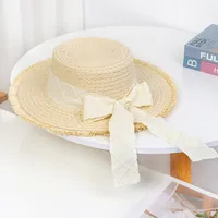 Flat Top Straw Hat Women's French Straw Top Hat  New Summer Big Brim Sunshade Hat Seaside Holiday Sun Hat sku image 24