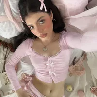 Y2K Sweet And Spicy U-Collar Lace Bow Long-Sleeved T-Shirt  Design Pleated Short Top main image 1