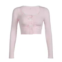 Y2K Sweet And Spicy U-Collar Lace Bow Long-Sleeved T-Shirt  Design Pleated Short Top main image 3