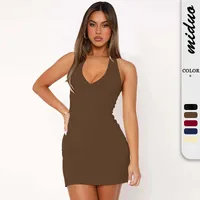 Hot Hot Girl V-neck Halter Sleeveless Dress Waist-Controlled Slim Fit Slimming Solid Color Backless Skirt main image 1