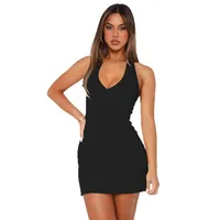 Hot Hot Girl V-neck Halter Sleeveless Dress Waist-Controlled Slim Fit Slimming Solid Color Backless Skirt main image 5