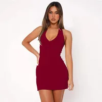 Hot Hot Girl V-neck Halter Sleeveless Dress Waist-Controlled Slim Fit Slimming Solid Color Backless Skirt sku image 16