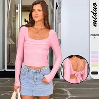 Style  Early Autumn Lace Stitching Back Strap Square Collar Long Sleeve T-shirt Sweet Hot Girl Trendy Slim Top main image 1