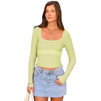 Style  Early Autumn Lace Stitching Back Strap Square Collar Long Sleeve T-shirt Sweet Hot Girl Trendy Slim Top main image 5