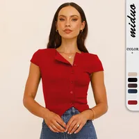 Style New Hot Girl Knitted Button V-neck Short-Sleeved T-shirt Slim Fit Slimming Irregular Design Versatile Top main image 1