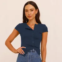 Style New Hot Girl Knitted Button V-neck Short-Sleeved T-shirt Slim Fit Slimming Irregular Design Versatile Top main image 2