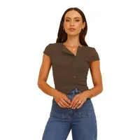Style New Hot Girl Knitted Button V-neck Short-Sleeved T-shirt Slim Fit Slimming Irregular Design Versatile Top main image 5