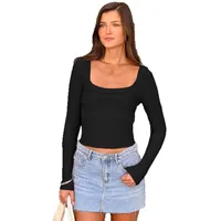 New  Women's Lace Stitching Square Collar Slim-fit Long-sleeved T-shirt Women's Base Shirt Backless Strap Top main image 5