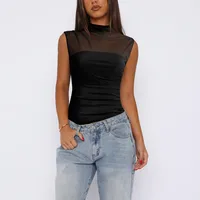 See-through Women's TK Summer Semi-high Collar Top Solid Color Mesh Hot Girl Style All-match Vest main image 2