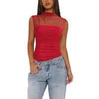 See-through Women's TK Summer Semi-high Collar Top Solid Color Mesh Hot Girl Style All-match Vest main image 5