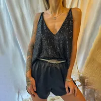 Heavy Embroidery Sequins Vest Loose Outer Wear Camisole Sexy V-neck New  Shiny Sleeveless Front And Back Wearable main image 3