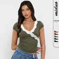 Summer  New Fashion Lace Stitching Color Contrast Shoulder Short-sleeved T-shirt Slim-fit V-neck Short Top main image 1