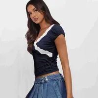 Summer  New Fashion Lace Stitching Color Contrast Shoulder Short-sleeved T-shirt Slim-fit V-neck Short Top main image 3