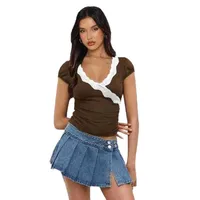 Summer  New Fashion Lace Stitching Color Contrast Shoulder Short-sleeved T-shirt Slim-fit V-neck Short Top main image 5