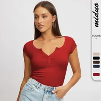 Women's New Hot Sale Solid Color Slim V-neck Short-sleeved Fashion Button Spice Girl T-shirt Top Women main image 1