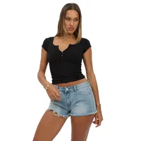 Women's New Hot Sale Solid Color Slim V-neck Short-sleeved Fashion Button Spice Girl T-shirt Top Women main image 5