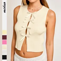 Designed Foreign Trade  Spring And Summer New Hot Bow Decoration Hollow Solid Color Round Neck Slim Vest Top main image 1