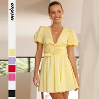 Spring And Summer New Fashion   Women's Sweet Lace Decorative Puff Sleeve Deep V-neck Lace-up Dress main image 1