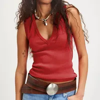 Foreign Trade  New  Fashion V-neck Solid Color Sleeveless Rib All-match High-end Vest Top For Women main image 4