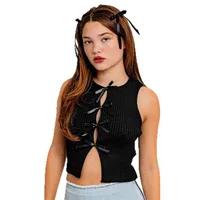 Designed Foreign Trade  Spring And Summer New Hot Bow Decoration Hollow Solid Color Round Neck Slim Vest Top main image 5