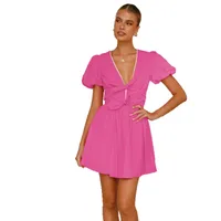Spring And Summer New Fashion   Women's Sweet Lace Decorative Puff Sleeve Deep V-neck Lace-up Dress main image 5