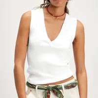 Foreign Trade  New  Fashion V-neck Solid Color Sleeveless Rib All-match High-end Vest Top For Women sku image 6