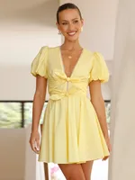 Spring And Summer New Fashion   Women's Sweet Lace Decorative Puff Sleeve Deep V-neck Lace-up Dress sku image 22