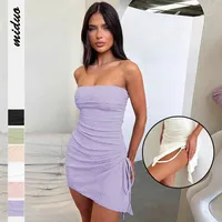 Designed Foreign Trade  Spring And Summer New Hot Selling Pleated Drawstring Split Irregular Hem Strapless Dress main image 1