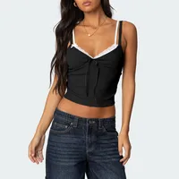 Sweet And Spicy Girl Lace Stitching Low-cut Contrast Color Double Shoulder Strap Fake Two-piece Bow Decorative Spice Sling main image 3
